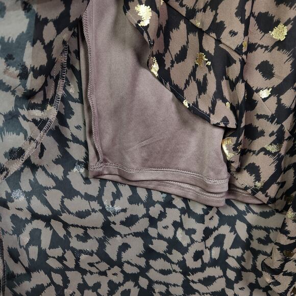 Express Smocked Waist Hi-Lo Cheetah Dress L Ruffles V Neck Wedding Guest Chiffon - Picture 8 of 16